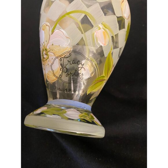 Tracy Porter Hand Painted Vase | Whimsical Floral Glass Trumpet Vase | Checkerbo - Picture 3 of 5